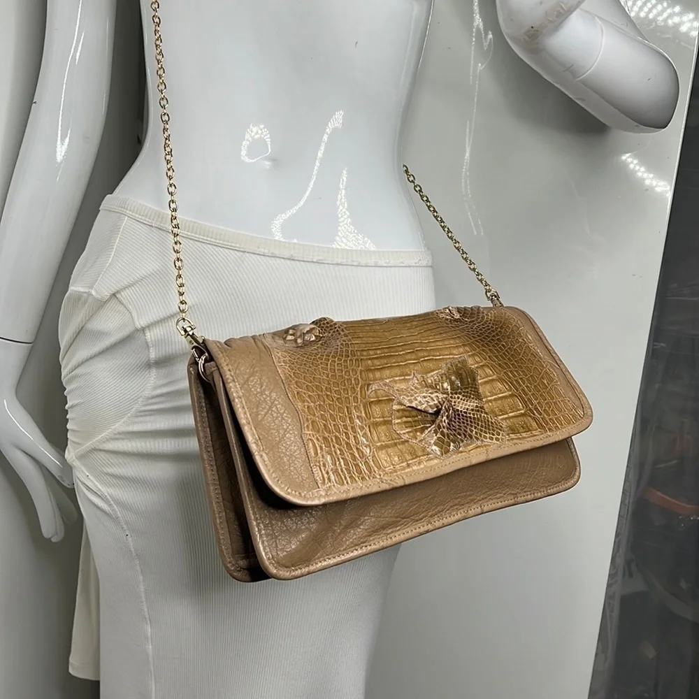 Carlos Falchi Exotic Crocodile Alligator and Leather Snap Envelope Clutch Bag